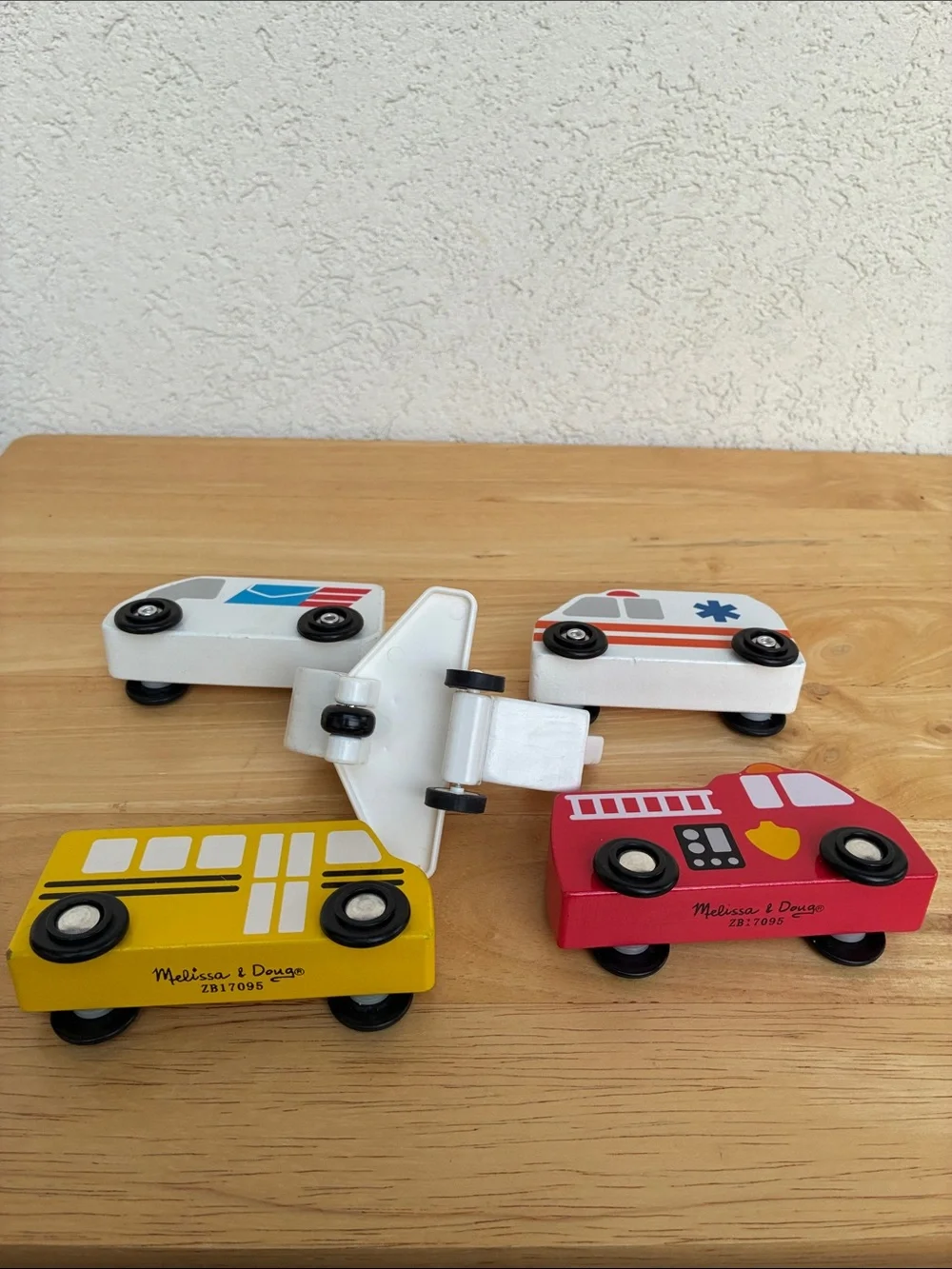 Wooden Emergency & Transport Vehicle Toy Set of 5. Fire bus ambulance plane post